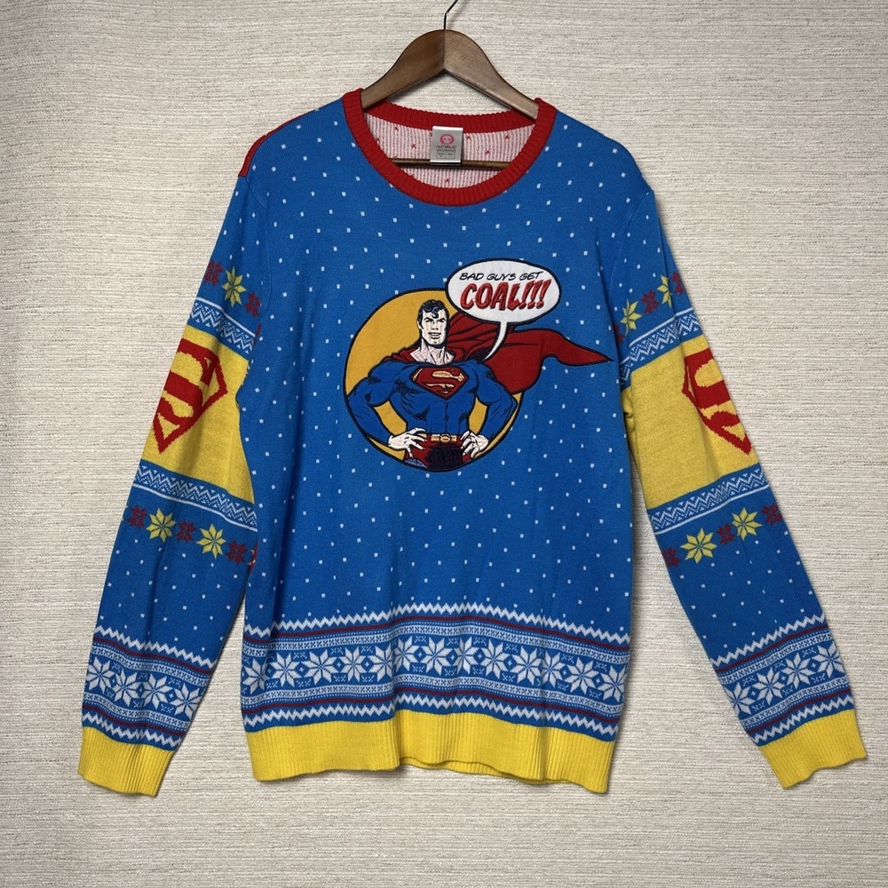 Numskull Mens Superman Ugly Christmas Sweater DC Comics Blue Red Large Holiday
